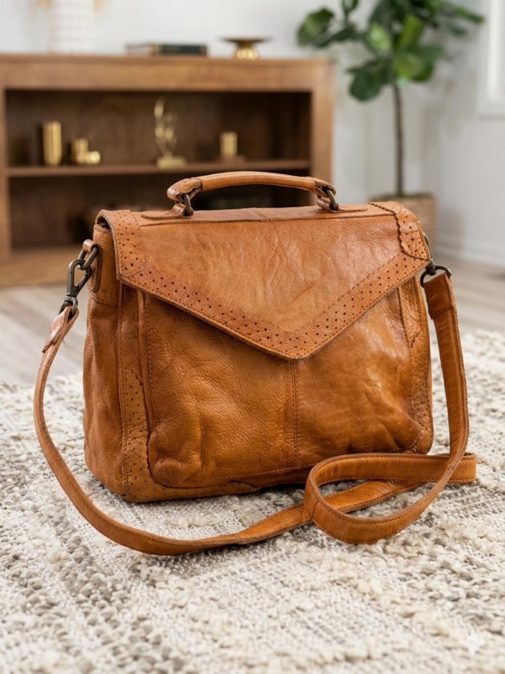 Topshop Bohemian Tan Leather Festival Crossbody Satchel